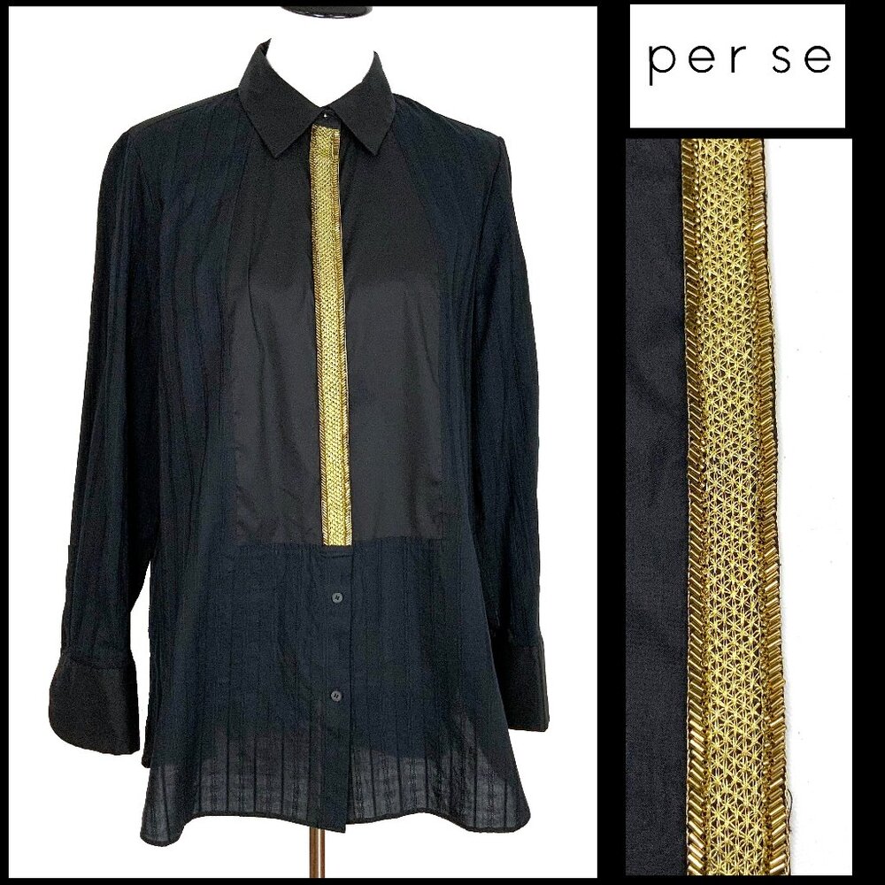 New Per Se by Carlisle Black Button Down Shirt Gold Embellishment Sz 14 - Picture 2 of 16